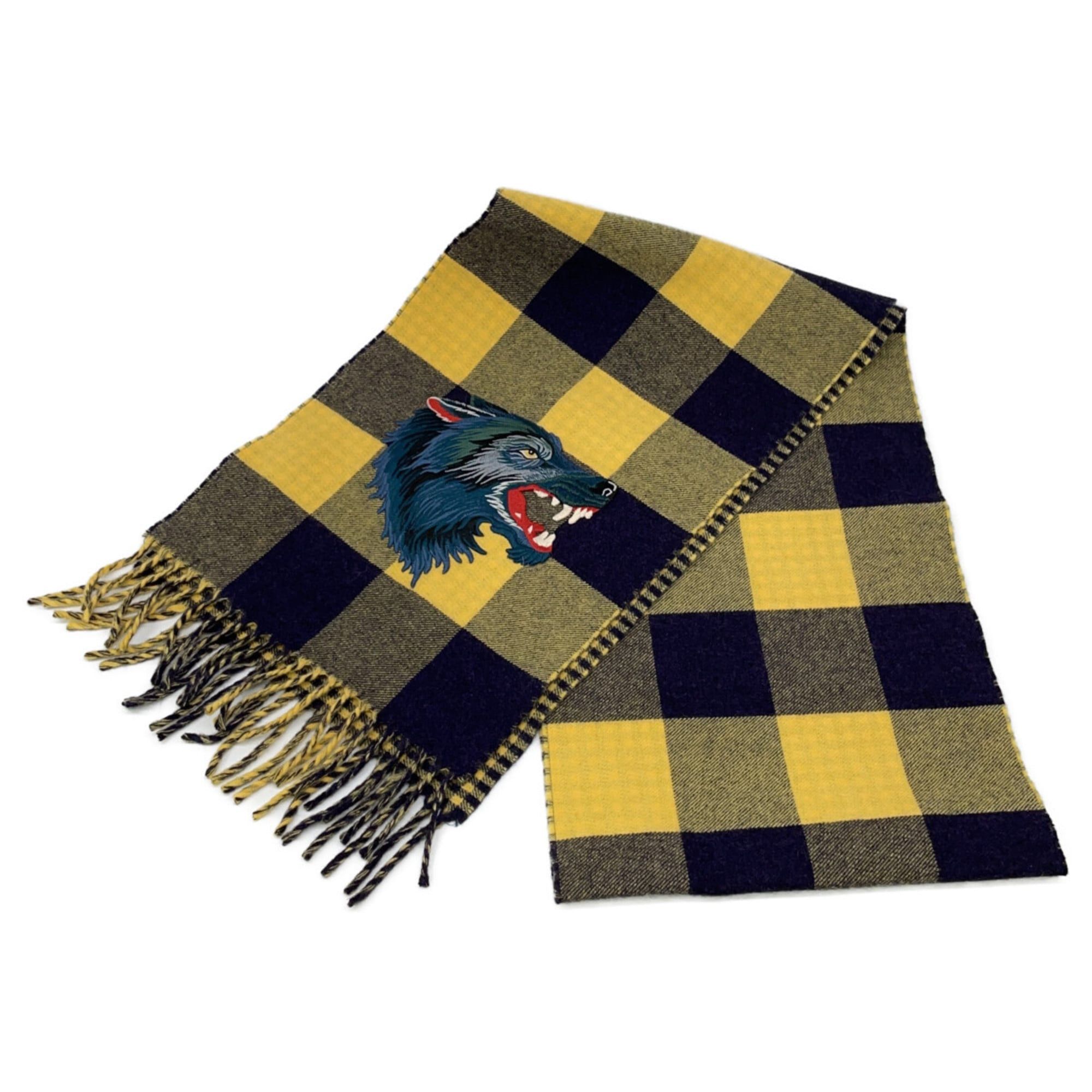 Gucci GUCCI 494045 Check Wolf Embroidered Fringe Scarf Yellow Women's Size ONE SIZE - 1 Thumbnail