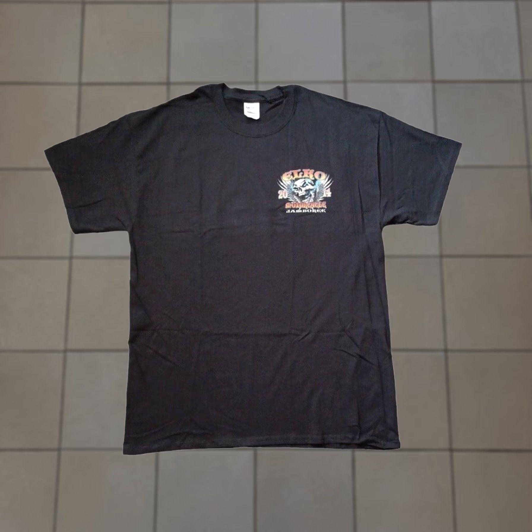 Gildan VINTAGE Elko Motorcycle Jamboree T Shirt Men Large Black Graphic Skull Short Sleeve 2014 Size US L / EU 52-54 / 3 - 1 Thumbnail