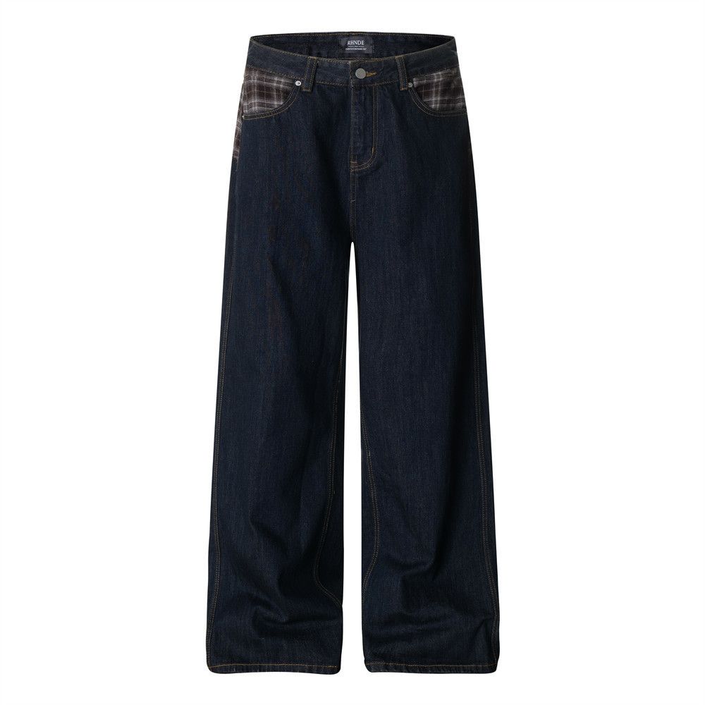 Men's Retro Faux Two-Piece Patchwork Plaid Jeans