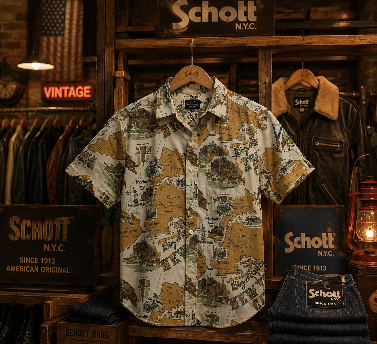 Schott Vintage Schott Bros New York Map Pattern Shirt Size US M / EU 48-50 / 2 - 1 Thumbnail