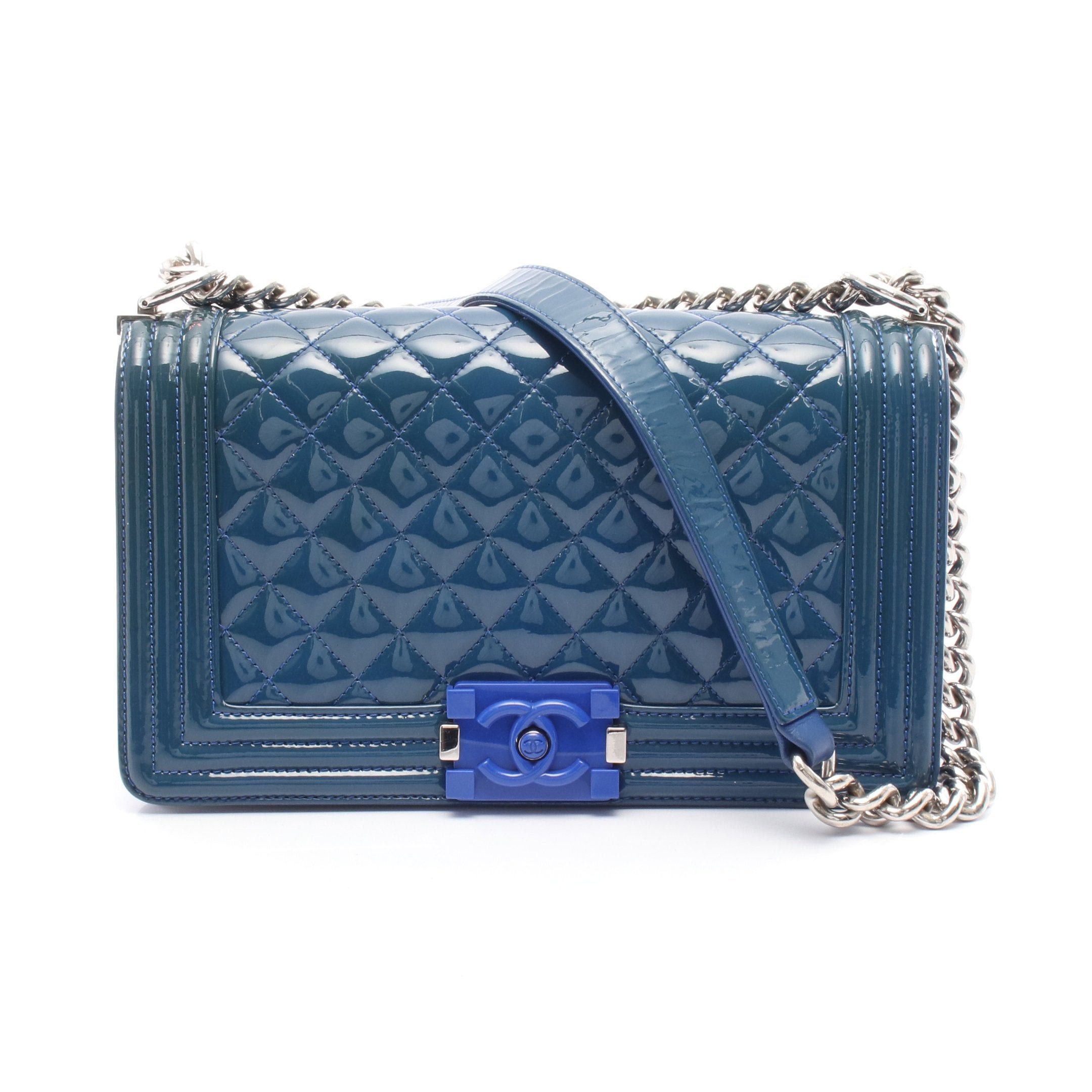 Chanel Boy Chanel Chain Shoulder Bag Patent Leather Navy Silver