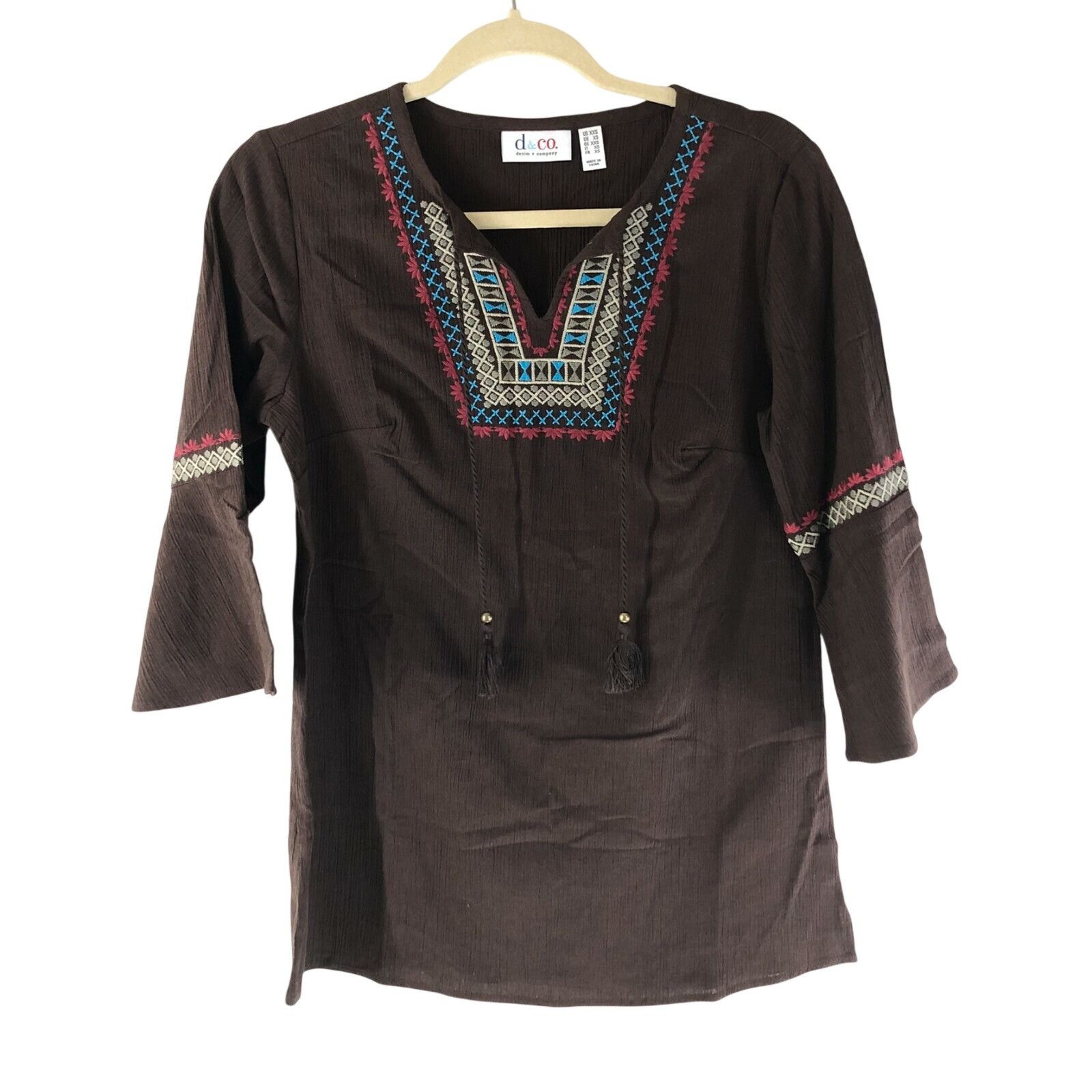 Other Denim & Co Crinkle Gauze Embroidered Top Tunic 3/4 Bell Slee Size XXS / US 00 / IT 34 - 1 Thumbnail