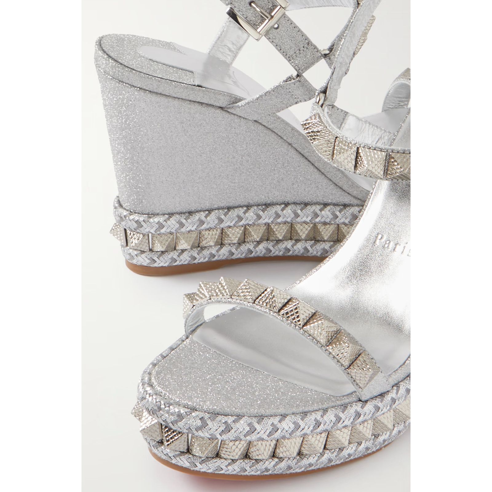 Christian Louboutin Pyraclou 110 Silver Glitter Platform Wedge Sandal Heel 38 Size US 8 / IT 38 - 5 Thumbnail