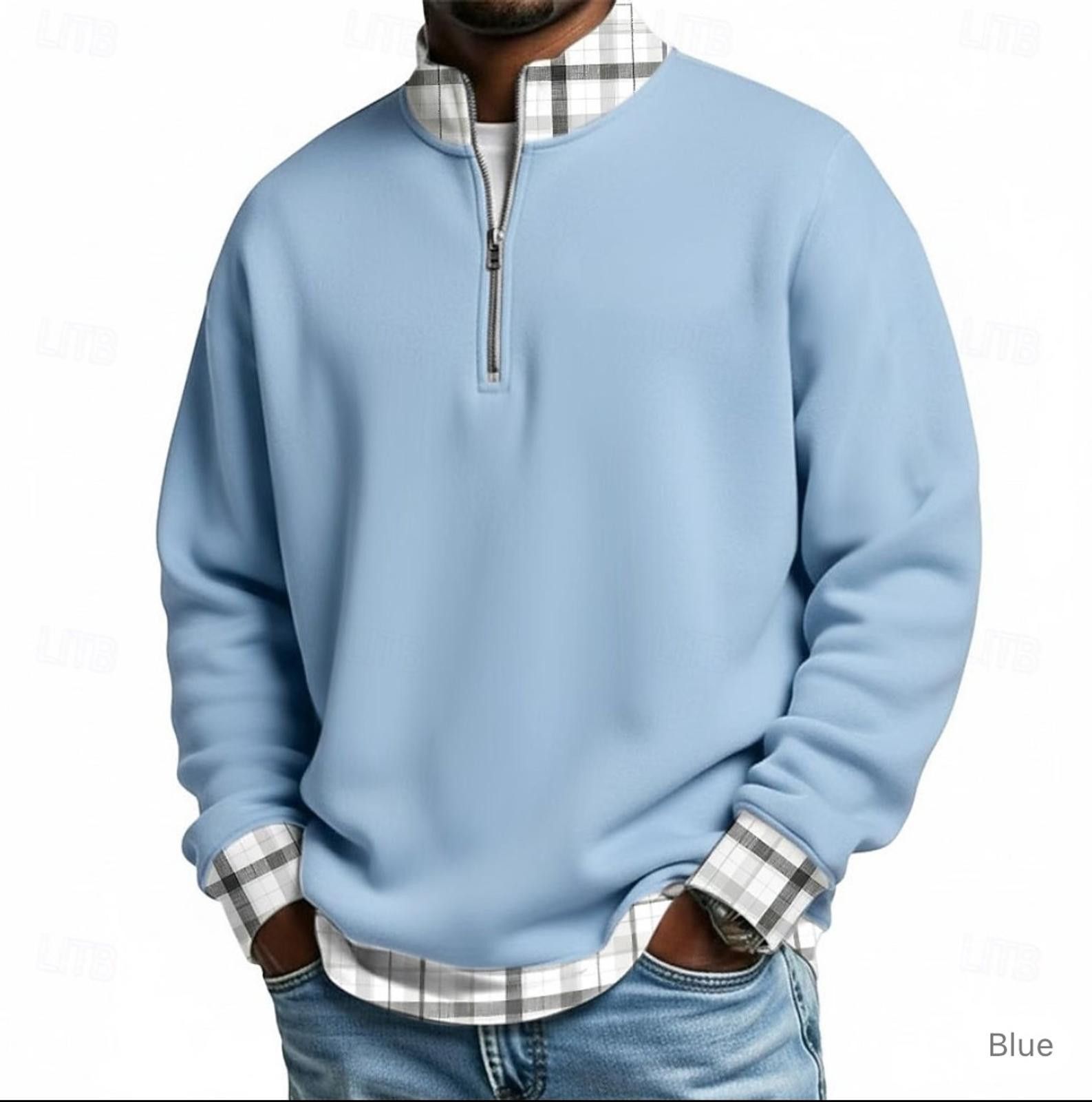 Other Men's Plaid Zip Polo Blue Long Sleeve 2XL Size 48R - 1 Thumbnail