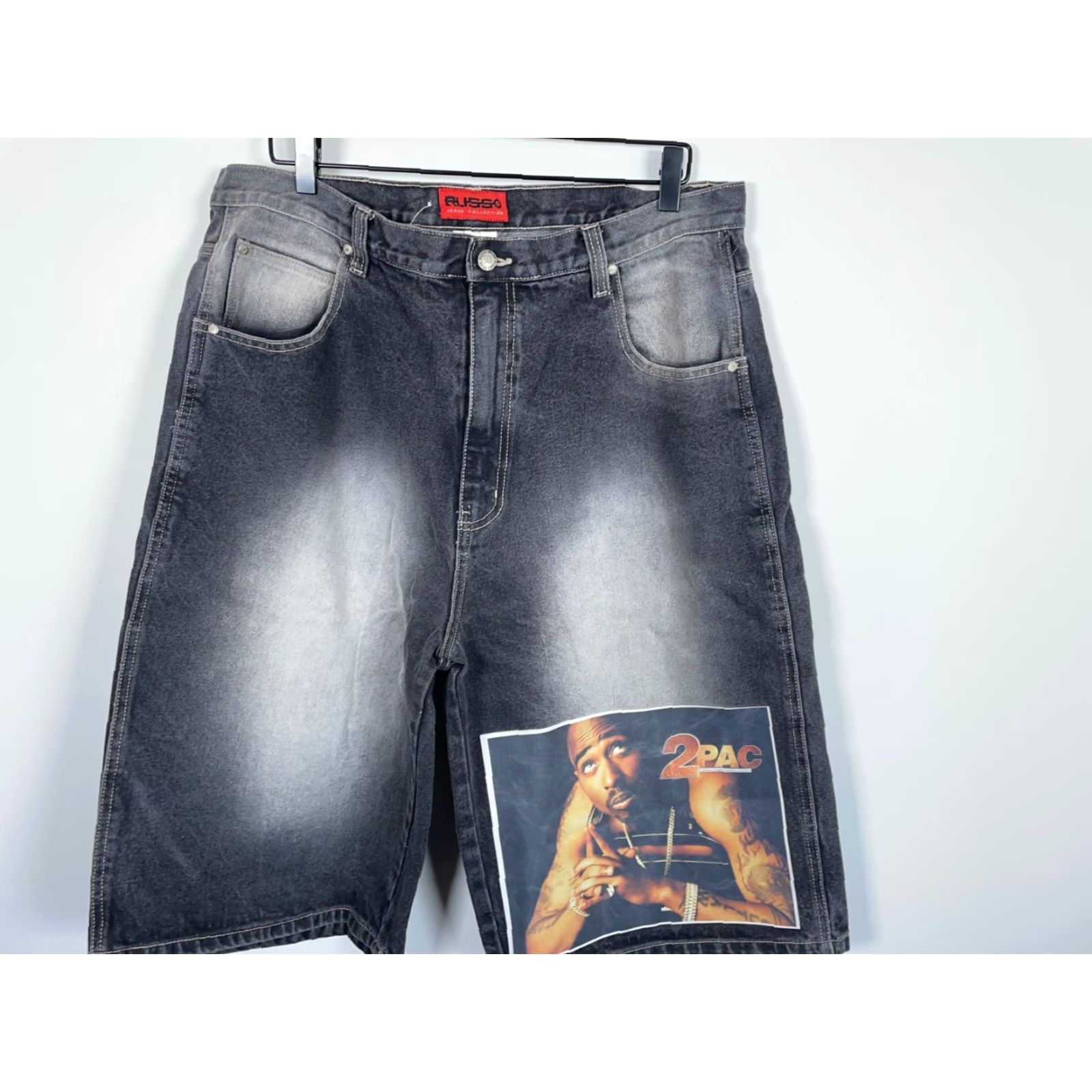 Denime VINTAGE Russo 2Pac Jeans Shorts Denim Hip Hop Retro 90s 5-Pocket 100% Cotton Black Adult Mens 36-38 Slim Baggy Fit 13 Inseam Size US 36 / EU 52 - 4 Thumbnail