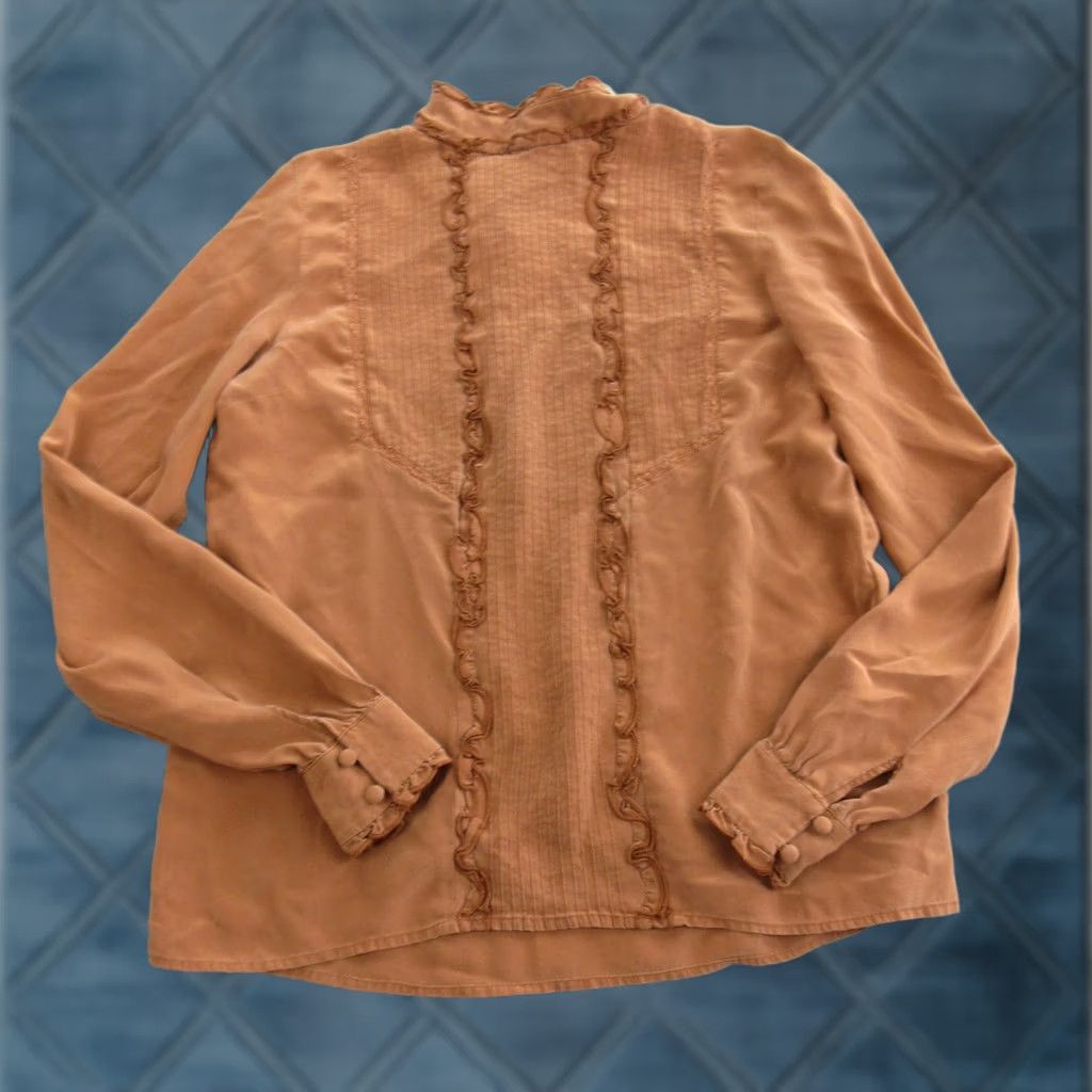Vintage Sézane Blouse Womens 34 Orange Silk High Neck Ruffle Pleated Long Sleeve Top Size XXS / US 00 / IT 34 - 1 Thumbnail