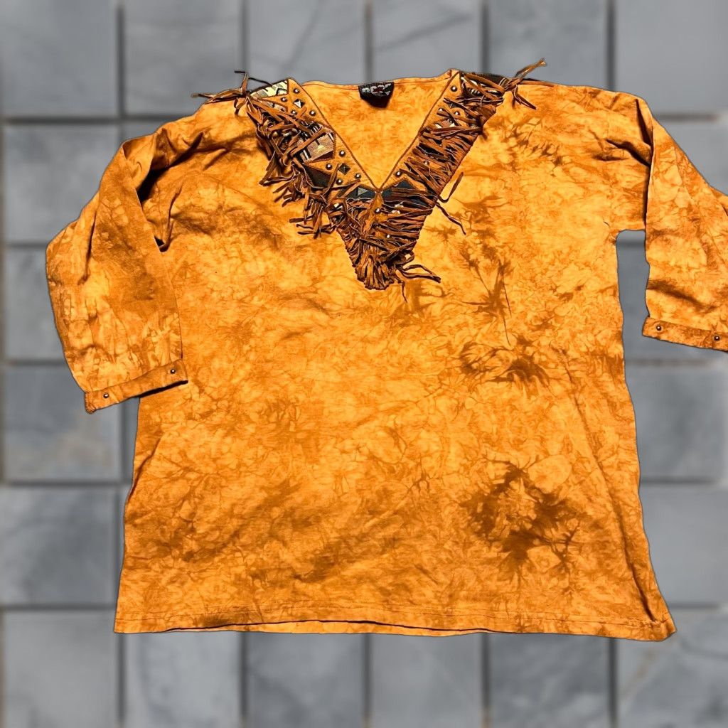 Vintage VINTAGE BOSS Western Shirt Womens One Size Marbled Suede Fringe Studded Aztec Orange Blouse Womens Size ONE SIZE - 1 Thumbnail