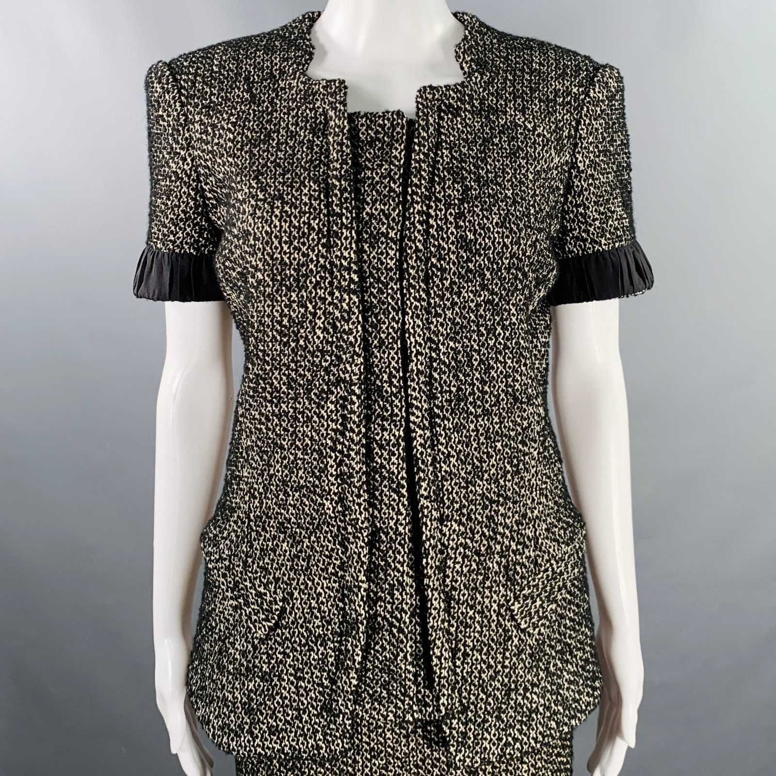 Zac Posen 6 Black White Cotton Blend Tweed Short Sleeve Skirt Suit Size 28" / US 6 / IT 42 - 3 Thumbnail
