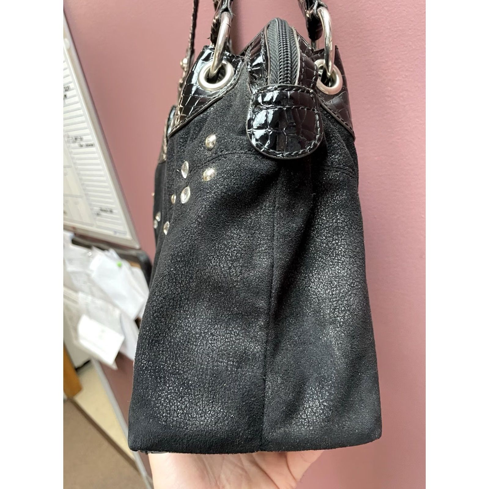 Crocs VINTAGE Kathy Van Zeeland Y2K McBling Studded Purse Bag Black Croc Faux Leather Glam Shoulder Bag Womens Size ONE SIZE - 4 Thumbnail