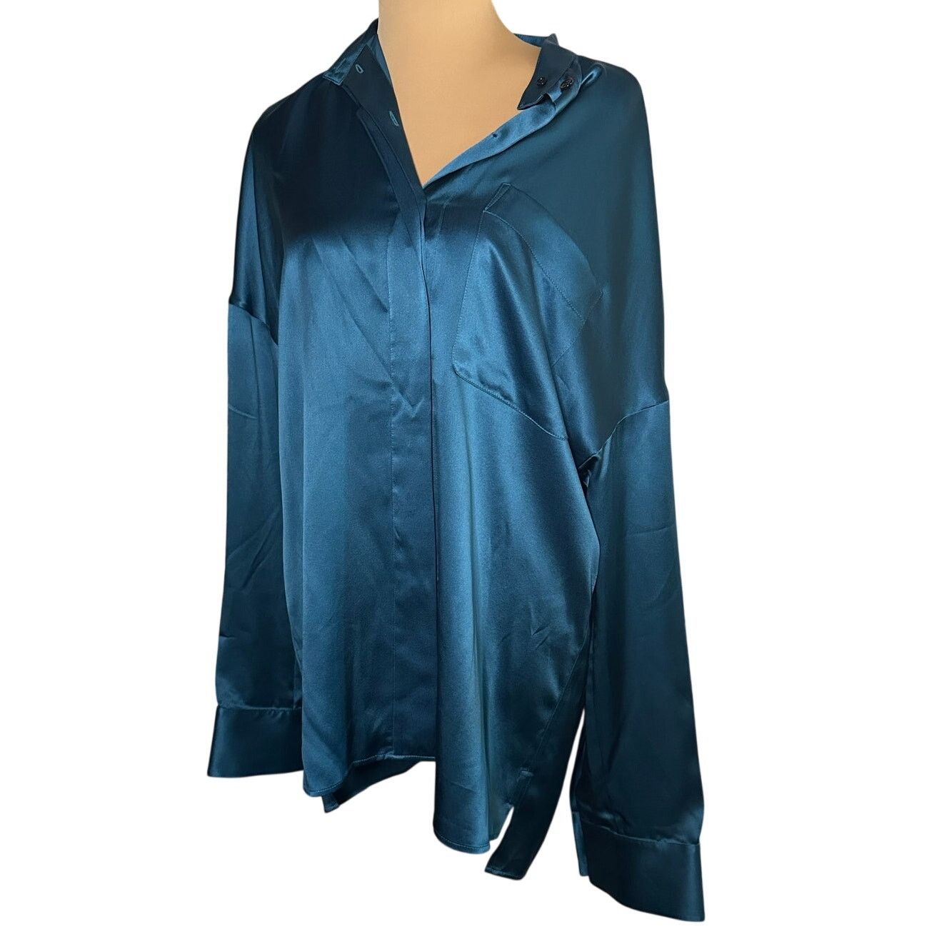 Haider Ackermann Peacock Teal Silk Charmeuse Oversized Shirt FR 34 Authentic Size XS / US 0-2 / IT 36-38 - 3 Thumbnail