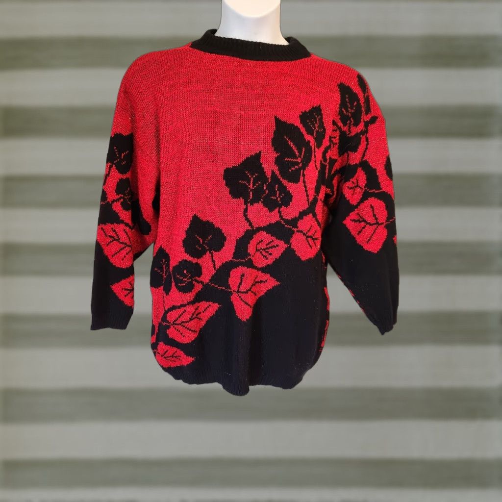 Vintage VINTAGE Arielle Gothic Sweater Shirt XL Black Red Leaf Print 1980s Womens Size XL / US 12-14 / IT 48-50 - 1 Thumbnail