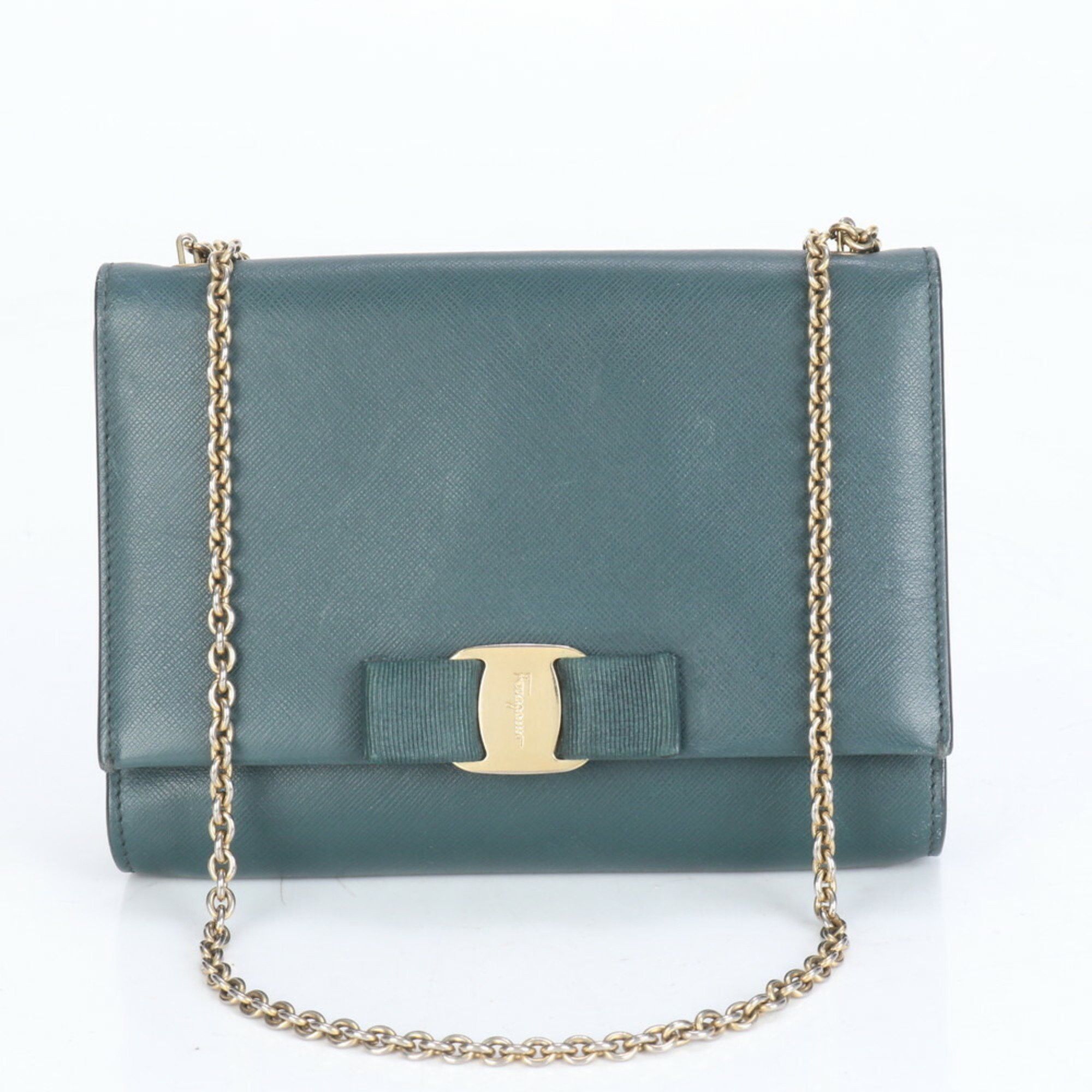 Salvatore Ferragamo Vara Ribbon Leather Chain Shoulder Bag Hand Tote For Women in Green
