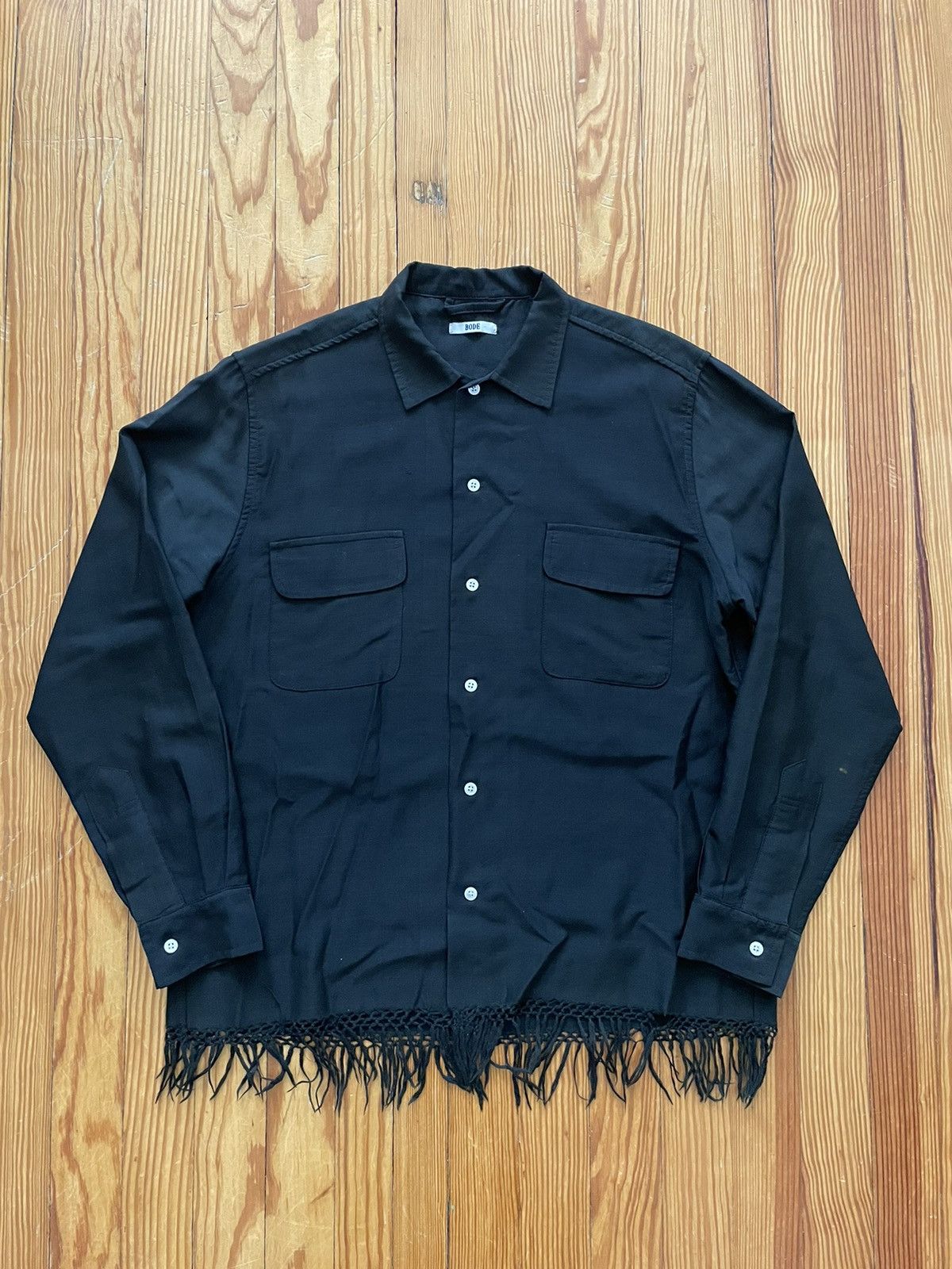 Bode Grail Bode Fringe Button Down Shirt Black Faded Repaired Size US L / EU 52-54 / 3 - 1 Thumbnail