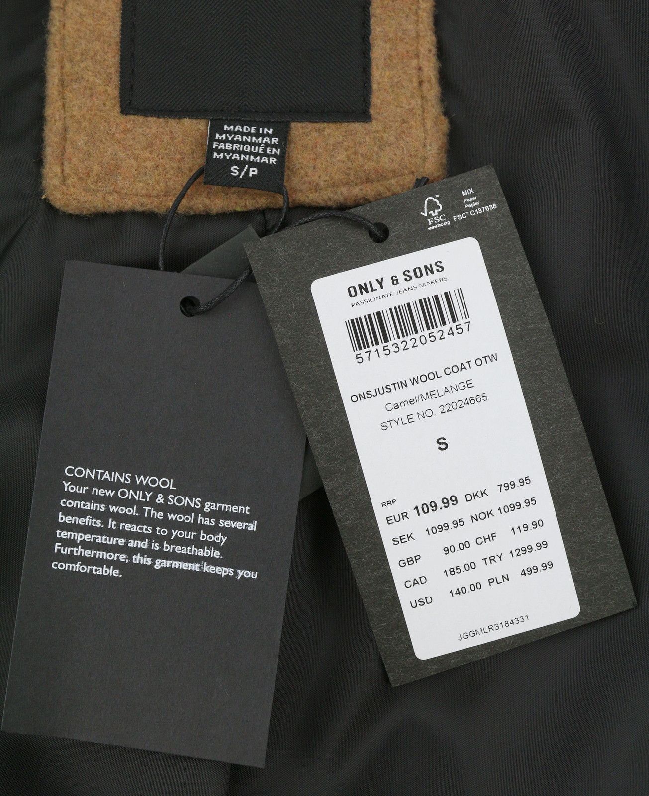 ONLY & SONS JUSTIN WOOL S Brown Melange Button-Up Notch 88057 Size US S / EU 44-46 / 1 - 9 Thumbnail