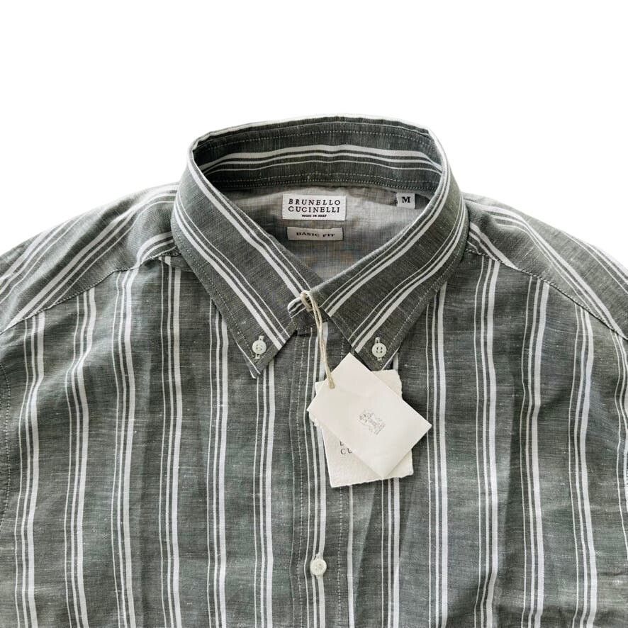 Brunello Cucinelli Brunello Cucinelli Linen Button Front Green Stripe Shirt M Size US M / EU 48-50 / 2 - 3 Thumbnail