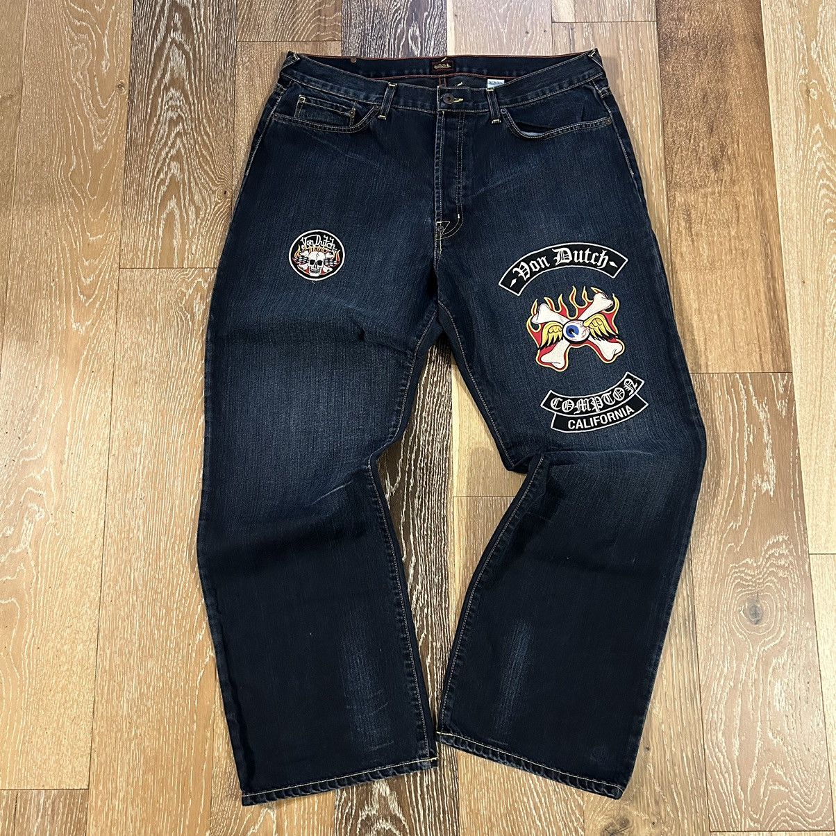 Image of Vintage Von Dutch Jeans Mens Embroidered Skull Y2K in Blue (Size 38)