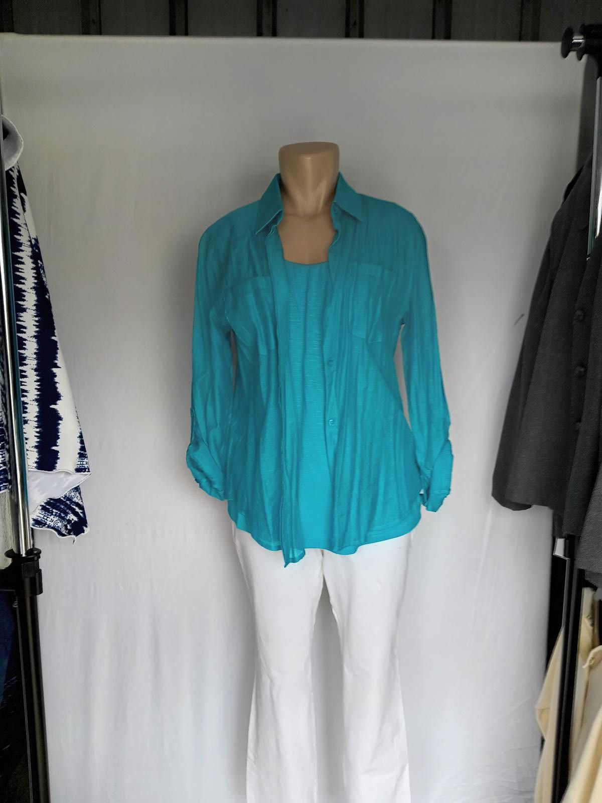 Designer Stylish Turquoise Button-Up Shirt with Tank Top Set - Chicos Size ONE SIZE - 3 Thumbnail