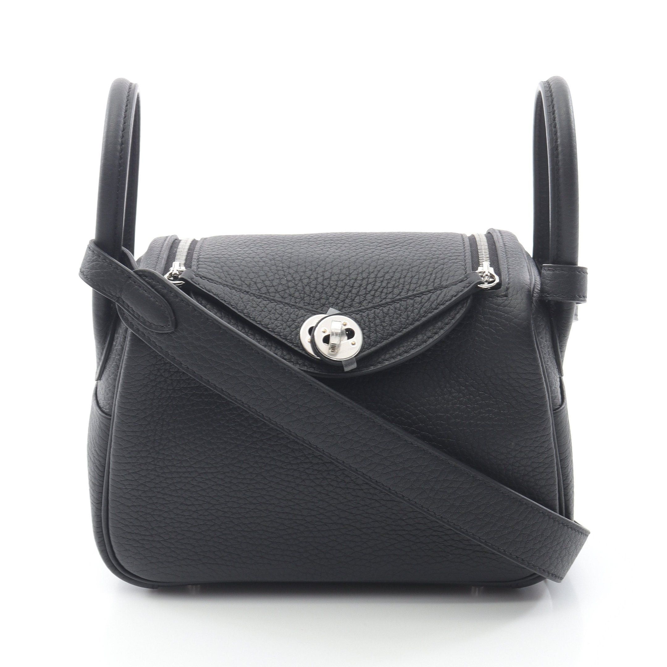 Hermes Lindy Mini Shoulder Bag Clemence Leather Black Silver Hardware Double Engraved, Women's