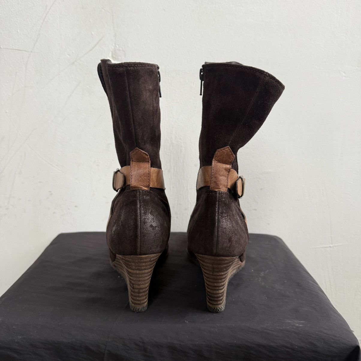 Japanese Brand Paul Green Brown Suede Wedge Boots With Buckles Size US 8 / IT 38 - 6 Thumbnail