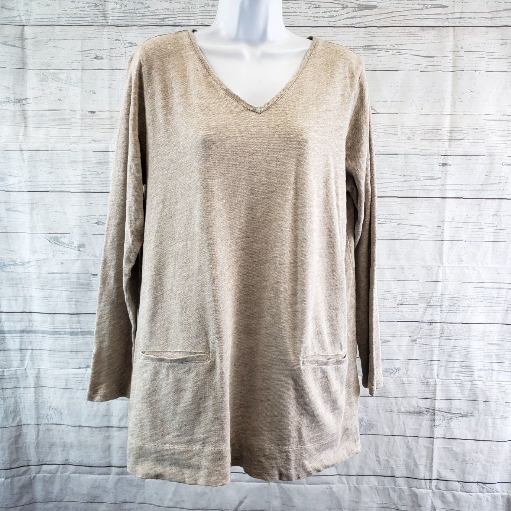 J. Jill J Jill Womens Top Blouse V-Neck Long Sleeve Beige 100% Cotton M Size M / US 6-8 / IT 42-44 - 2 Thumbnail
