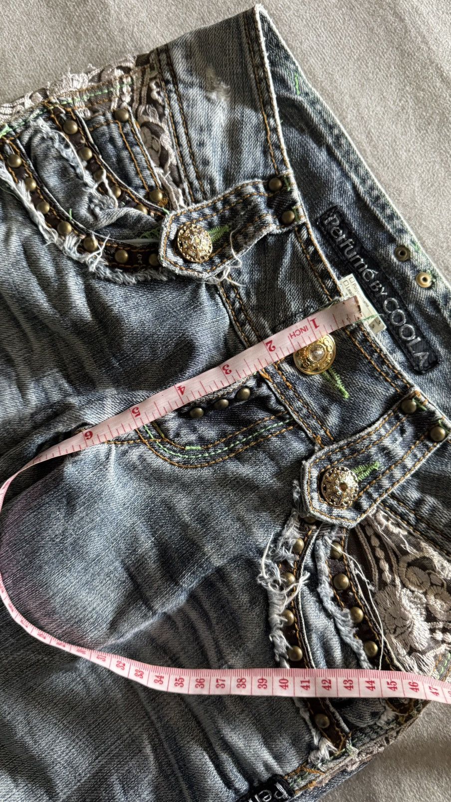Japanese Brand Perfume by COOLA Distress Flare Denim Jeans Lace Patchwk Y2K Size 27" / US 4 / IT 40 - 16 Thumbnail