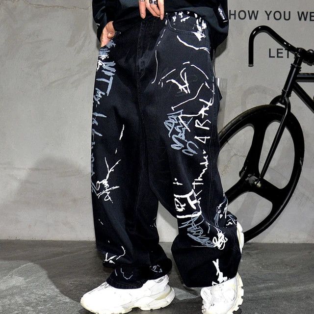 Japanese Brand × Jean baggy hiphop skate pattern y2k paint graffiti jeans Size US 35 - 2 Thumbnail
