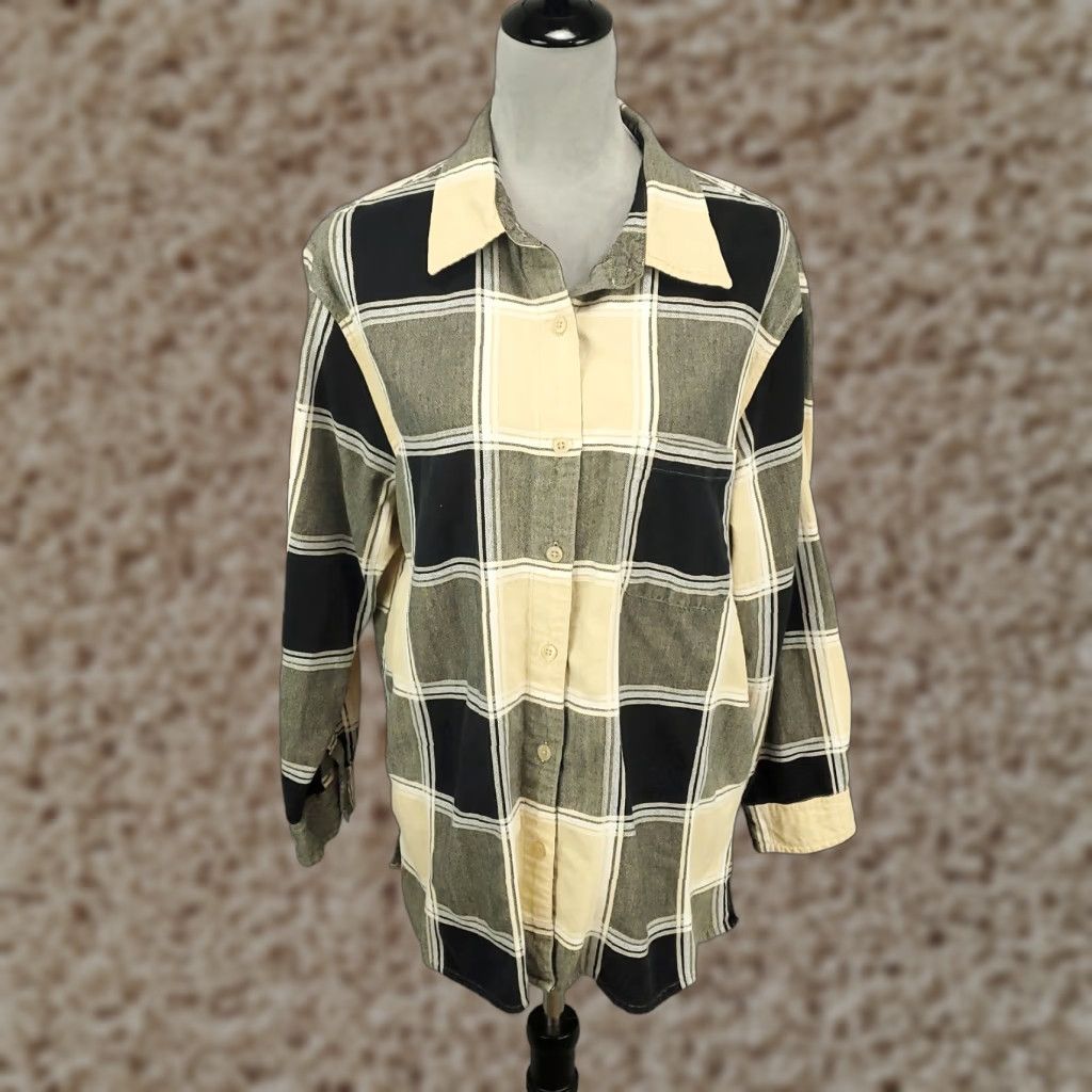 Lee Ms Lee Button Up Shirt 2X Cream Black Gray Grid Geometric Top Womens Blouse Size XXL / US 16-18 / IT 52-54 - 1 Thumbnail