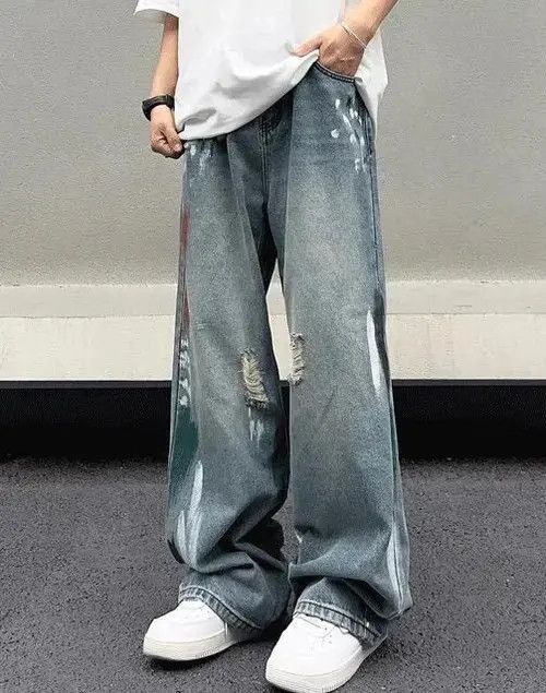 Japanese Brand × Jean Stylish Splash Ink Blue Distressed Baggy Jeans Size US 27 - 3 Thumbnail