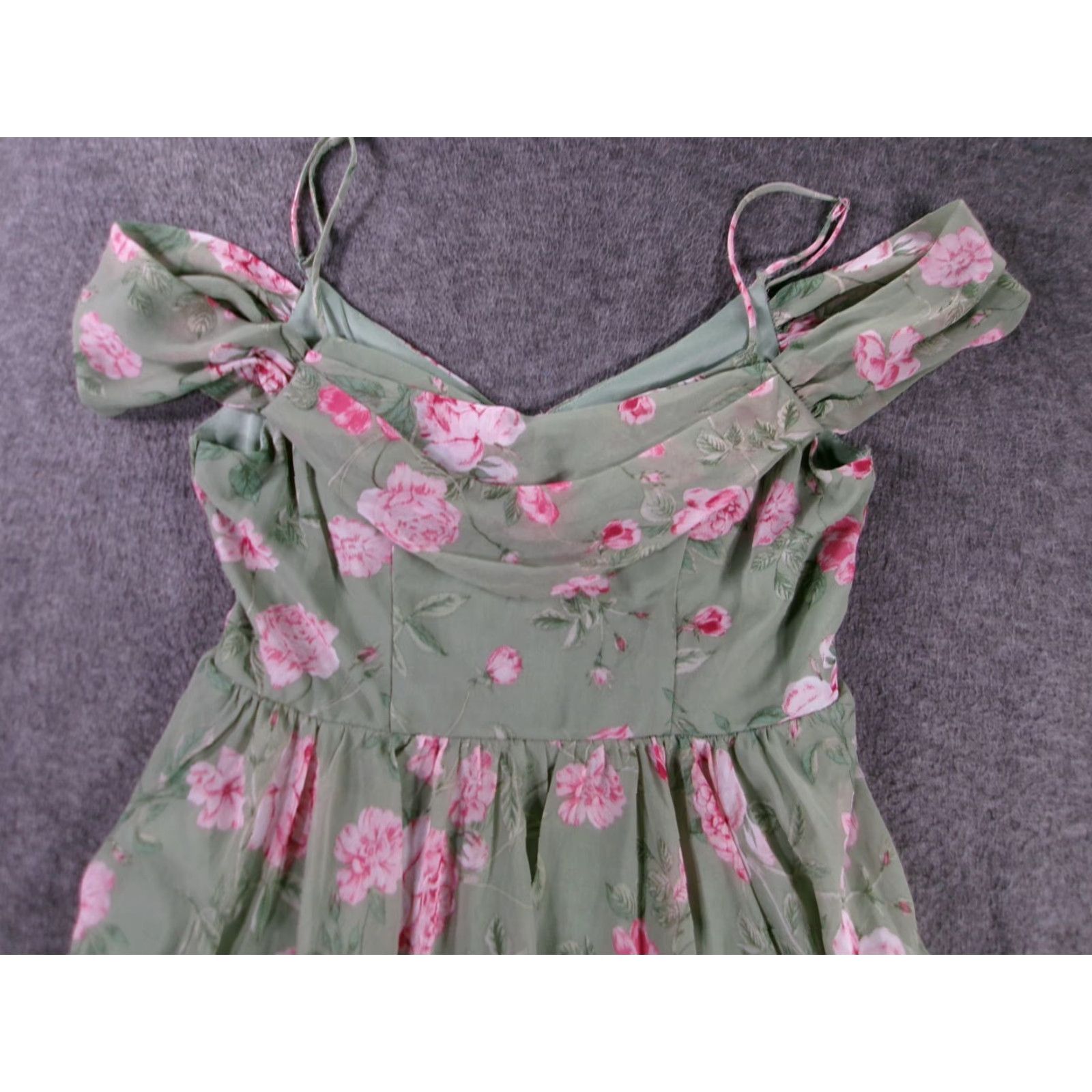 Vintage VINTAGE City Studio Dress Womens 11/12 Green Pink Floral Off Shoulder Spaghetti Strap Size L / US 10 / IT 46 - 2 Thumbnail