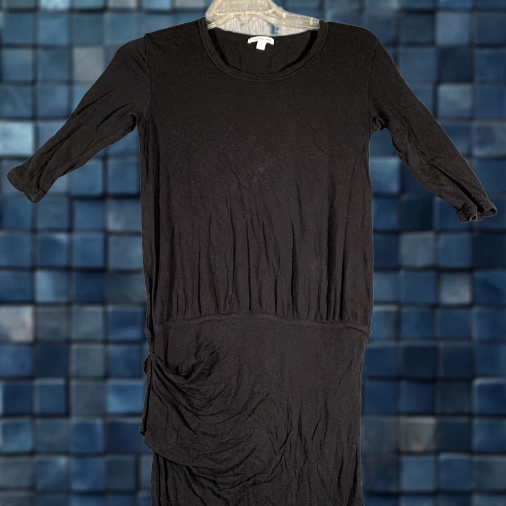 James Perse VINTAGE James Perse Dress Womens Small Black Ruched Midi 3/4 Sleeve Knit Casual WUC6734 Size XS / US 0-2 / IT 36-38 - 1 Thumbnail