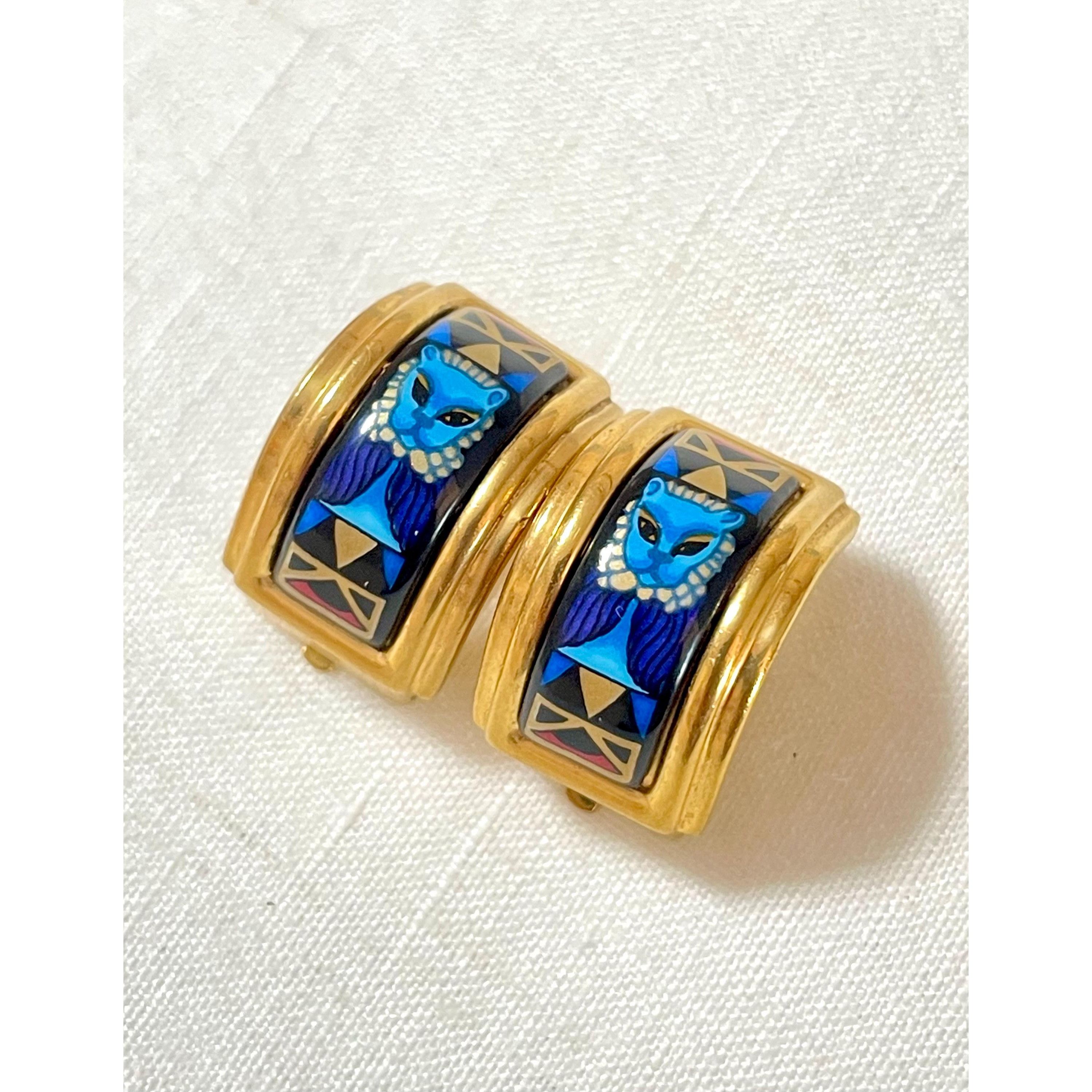 Hermes Vintage Hermes cloisonne enamel earrings with blue lion Size ONE SIZE - 5 Thumbnail