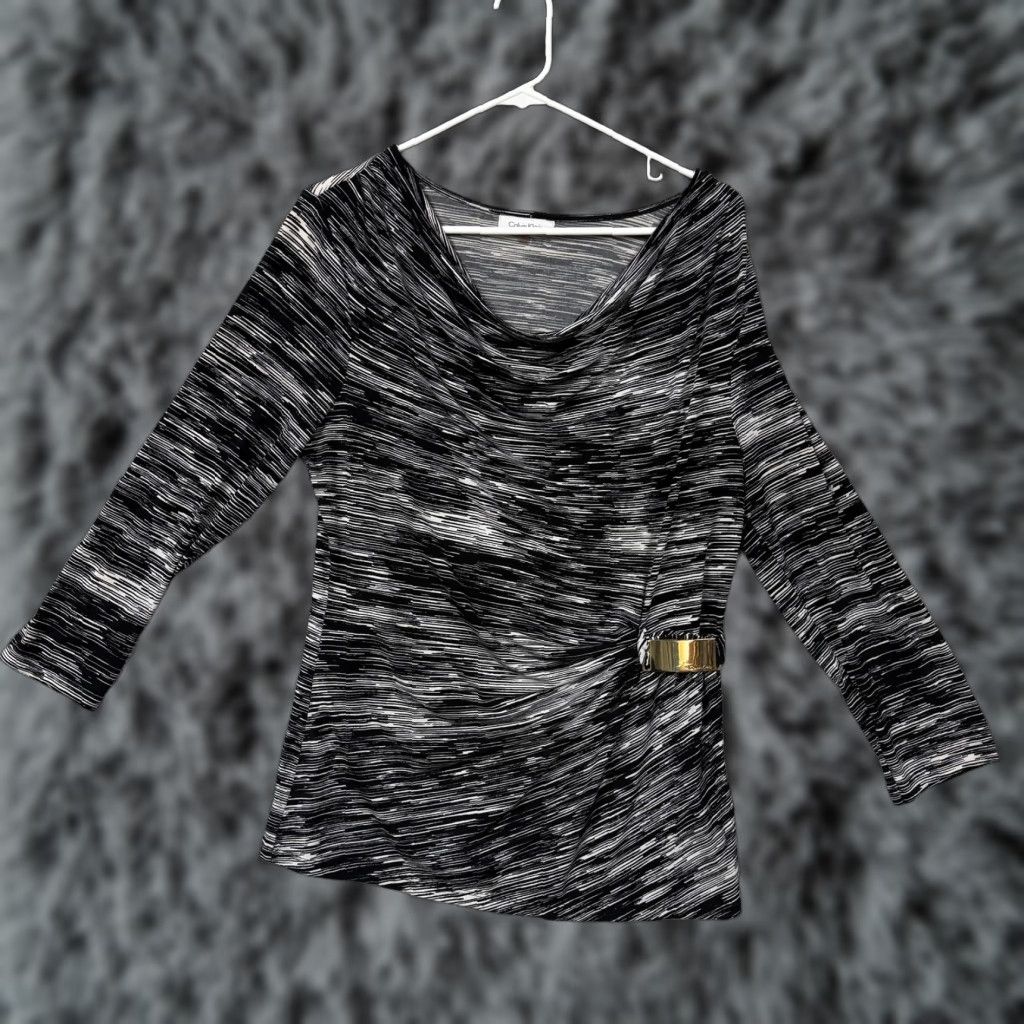 Calvin Klein Calvin Klein Blouse M 3/4 Sleeve Cowl Neck Buckle Detail Black White Stripe Women Adult Regular Size M Size M / US 6-8 / IT 42-44 - 1 Thumbnail