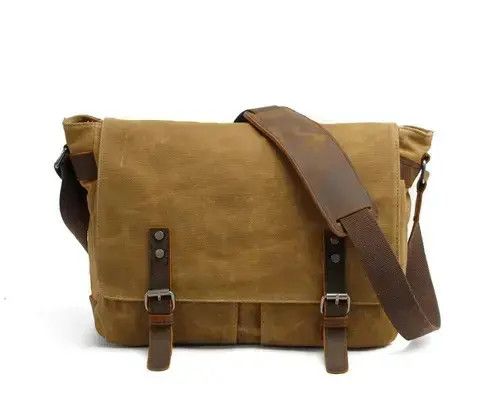 Genuine Leather Canvas Men Shoulder Bag in Brown