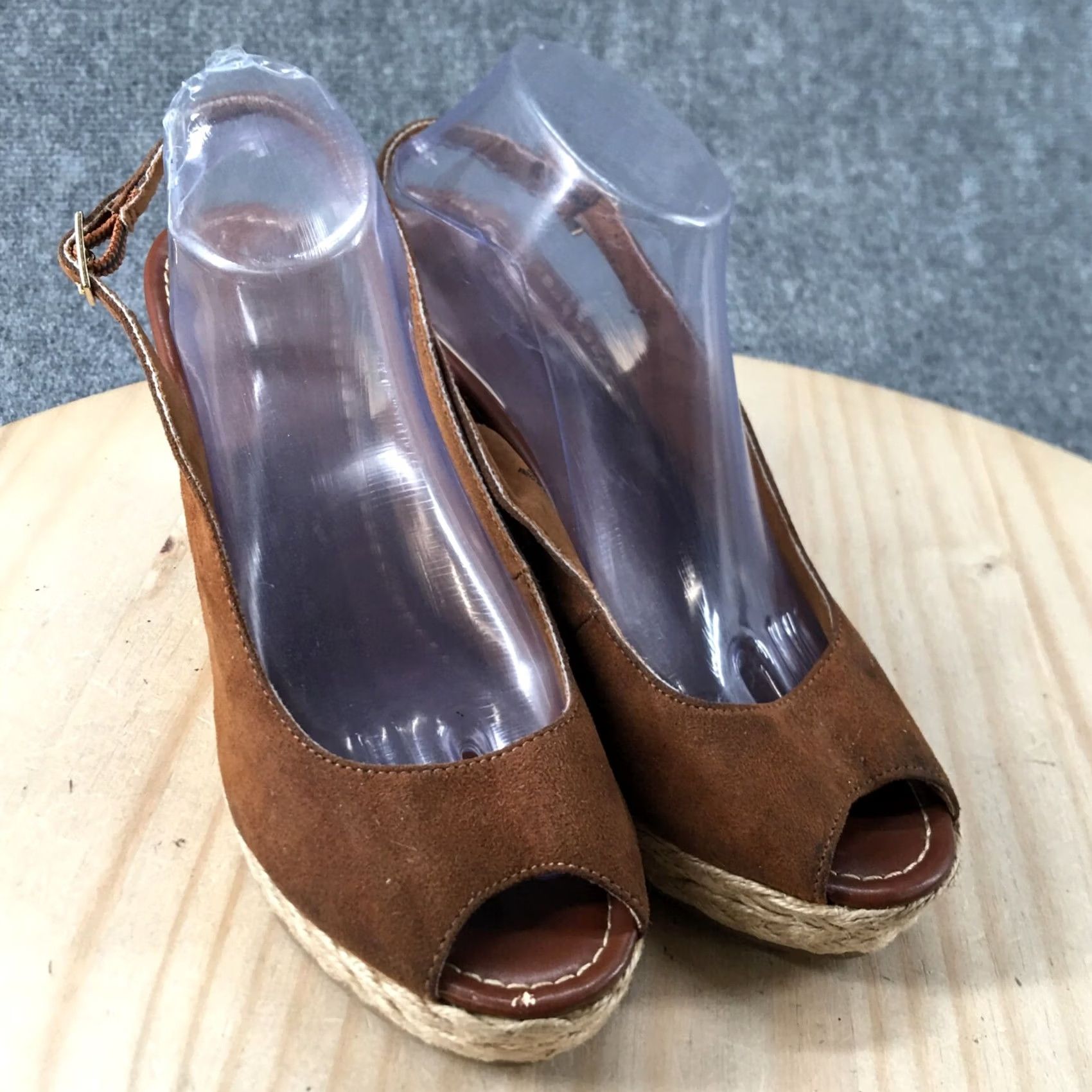 Vintage Brash Sandal Womens 11 Peep Toe Slingback Wedge Brown Fabric Buckle Size US 11 / IT 41 - 3 Thumbnail