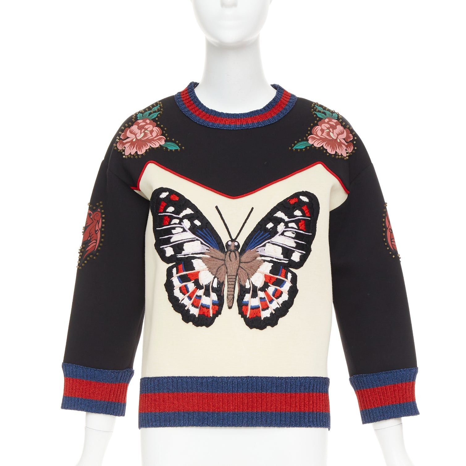 Gucci GUCCI 2016 cream black cotton Butterfly Embroidered studded sweatshirt XS Size XS / US 0-2 / IT 36-38 - 1 Thumbnail