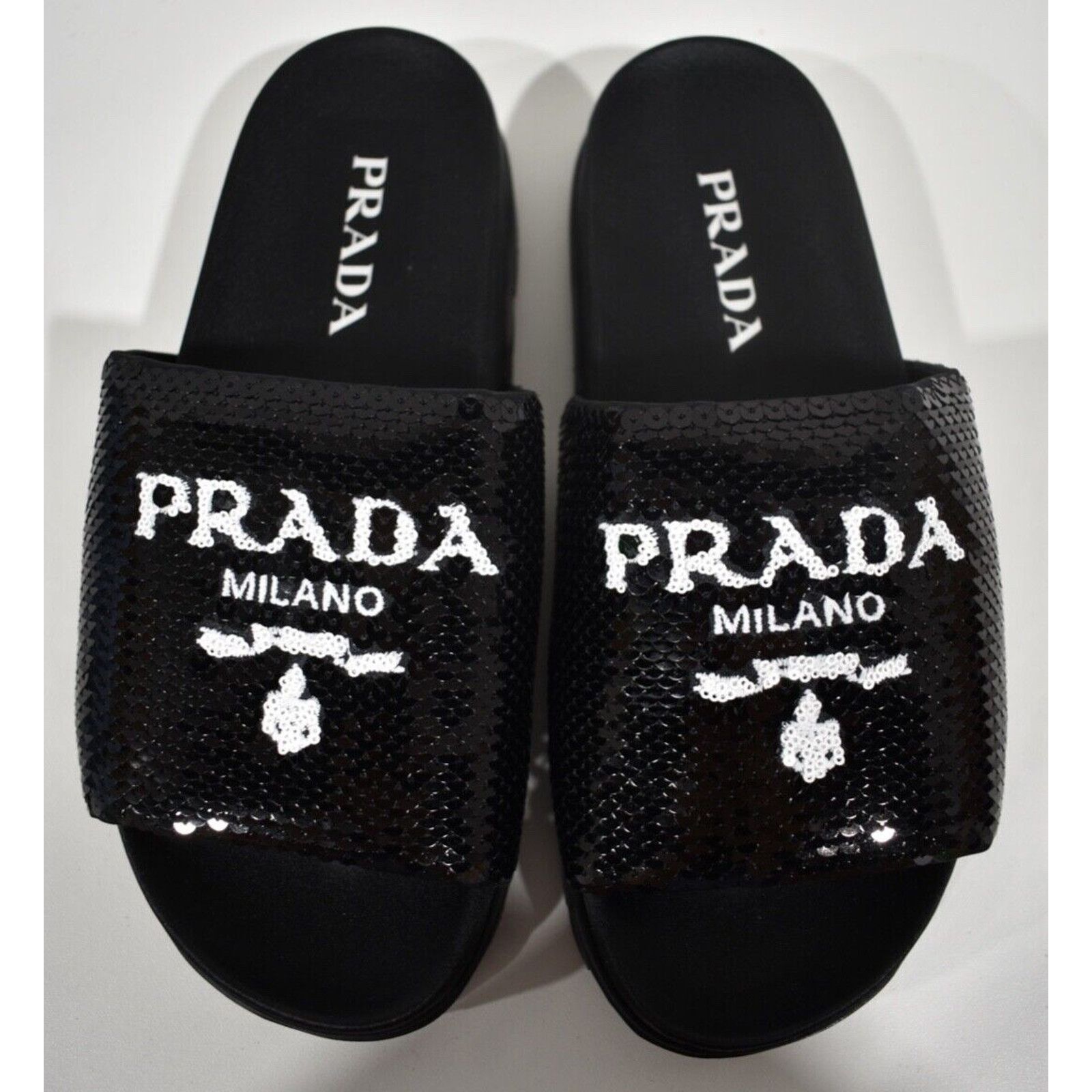 Prada Prada Black Sequin White Logo Slide Sandal Flat 37 Size US 7 / IT 37 - 7 Thumbnail