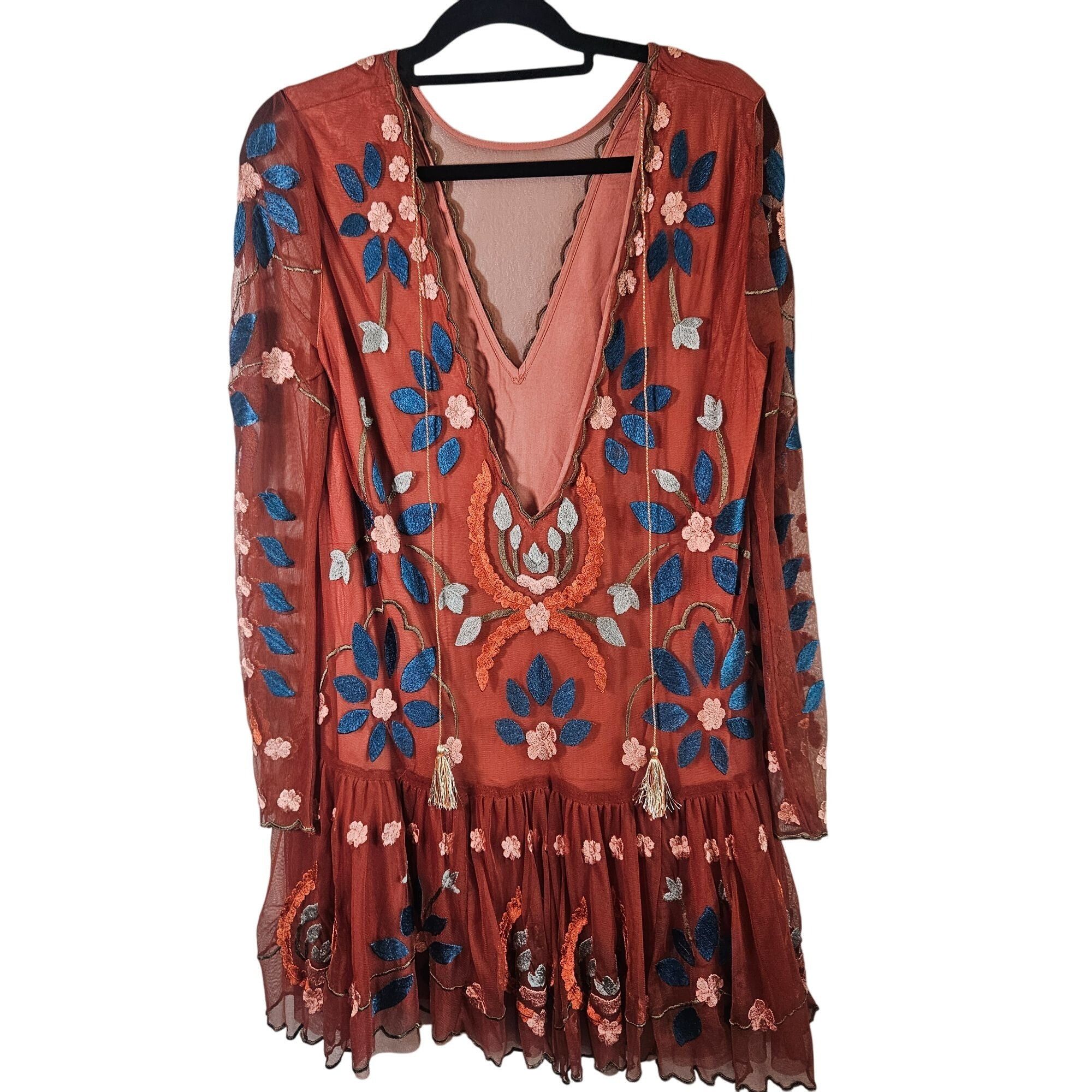 Free People Free People Embroidered Mesh Boho Fall Dress SM Rust Festiva Size S / US 4 / IT 40 - 2 Thumbnail