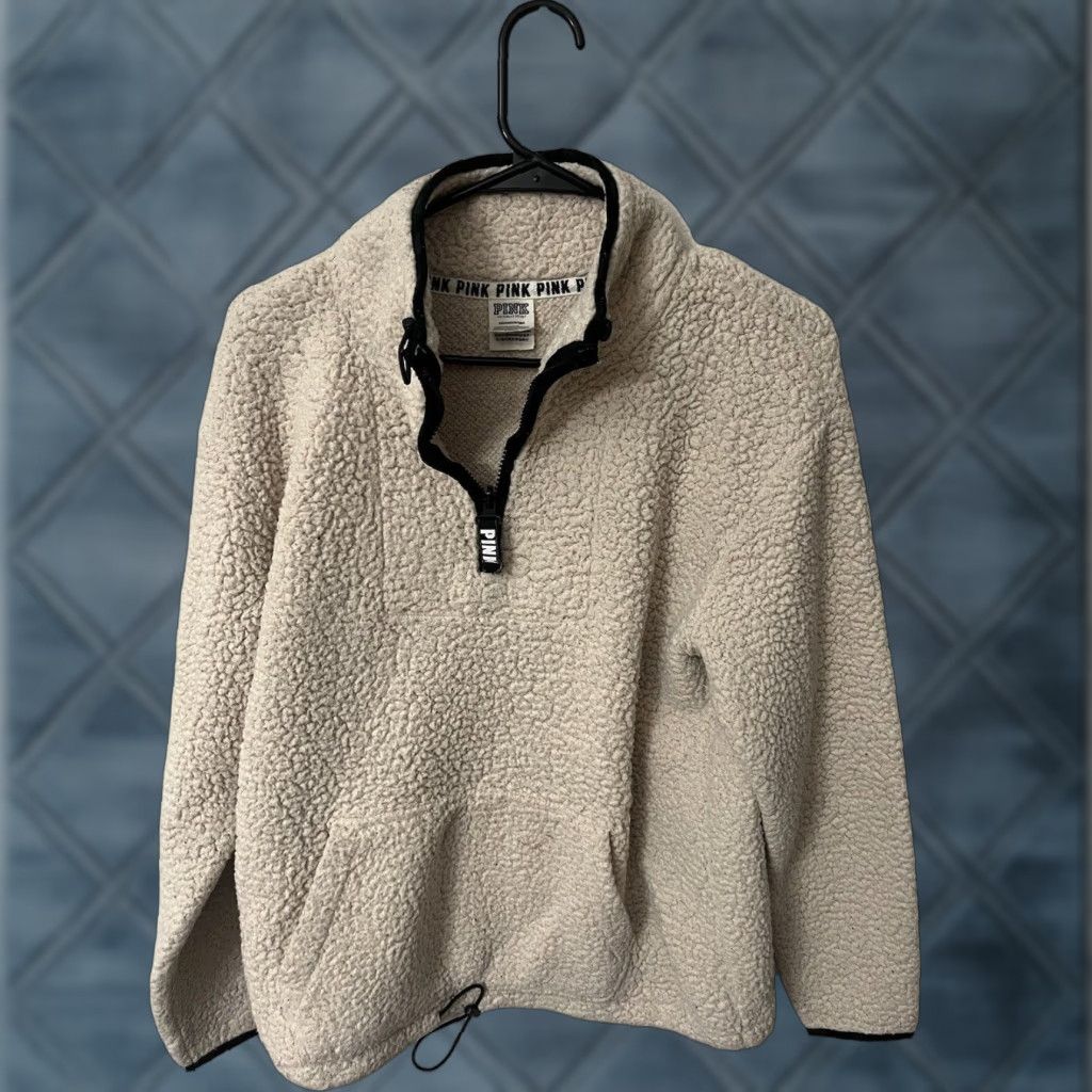 Victoria's Secret VICTORIA’S SECRET PINK Cream Sherpa 1/4 Zip Long Sleeve Pullover Sweater Sz S Size S / US 4 / IT 40 - 1 Thumbnail