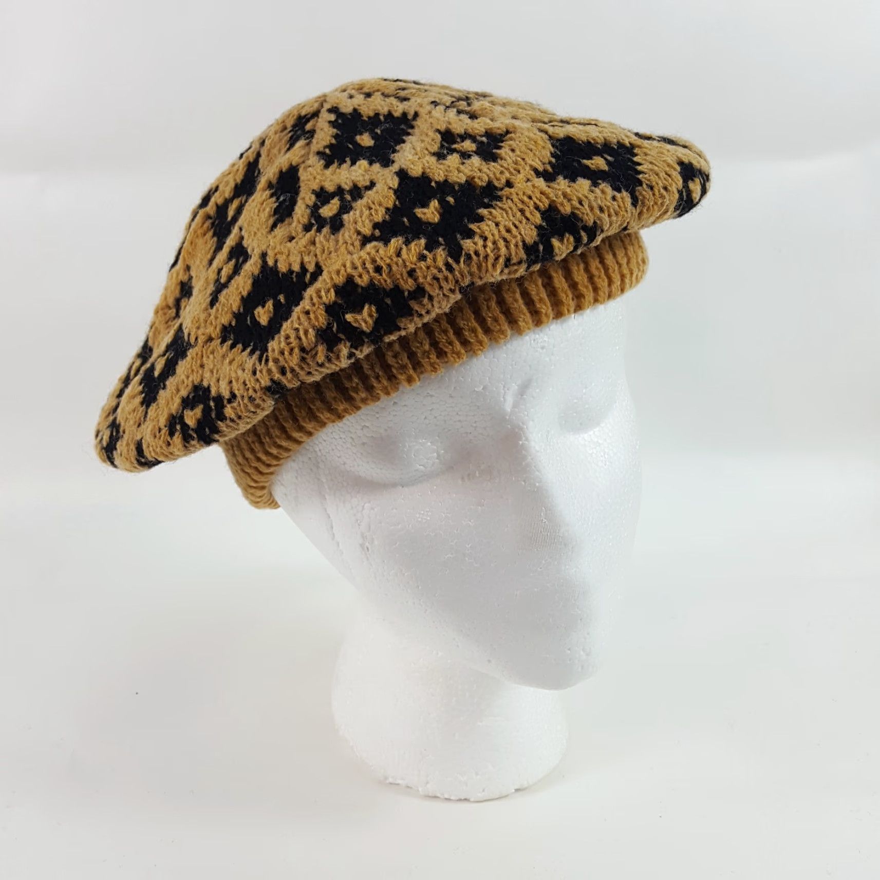 Vintage VINTAGE 80s Knit Wool Brown Diamond Beret Womens One Size Hat France Beret Winter Boho Hipster Retro Warm Wool Beret Womens Size ONE SIZE - 2 Thumbnail