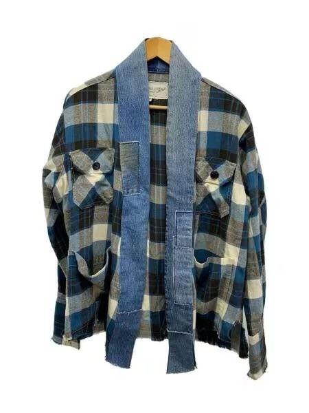 image of Greg Laurent Blue Cream Plaid Gu Shirt Boro, Men's (Size Large)