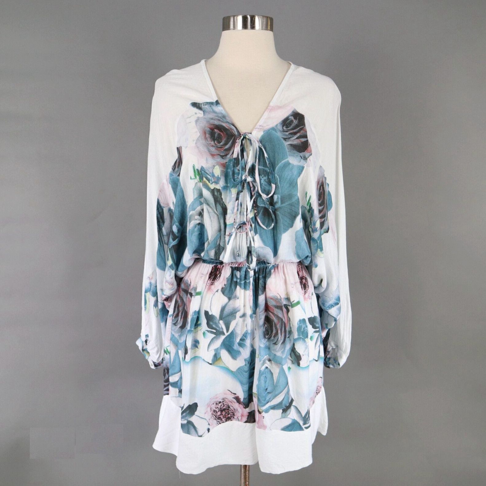 image of Paul Joe Paul & Joe Paris Romper Womens Us8 F40 Floral White Blue Dolman Sleeve Blouson (Size 30)