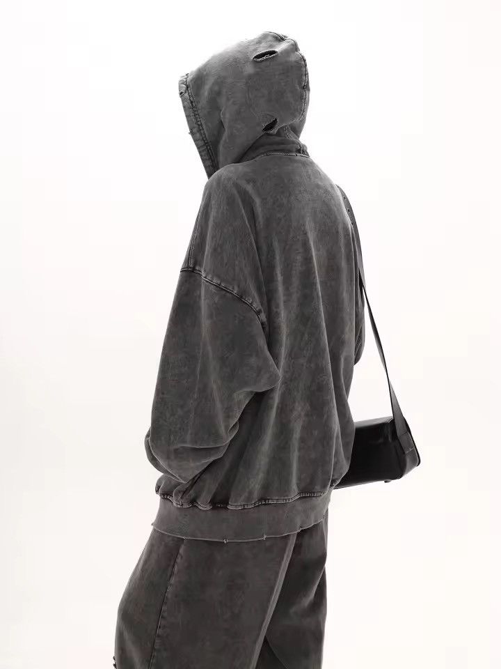 Other Washed Black Ripped Distressed Zip Up Sweatshirt Hoodie Size US L / EU 52-54 / 3 - 2 Thumbnail