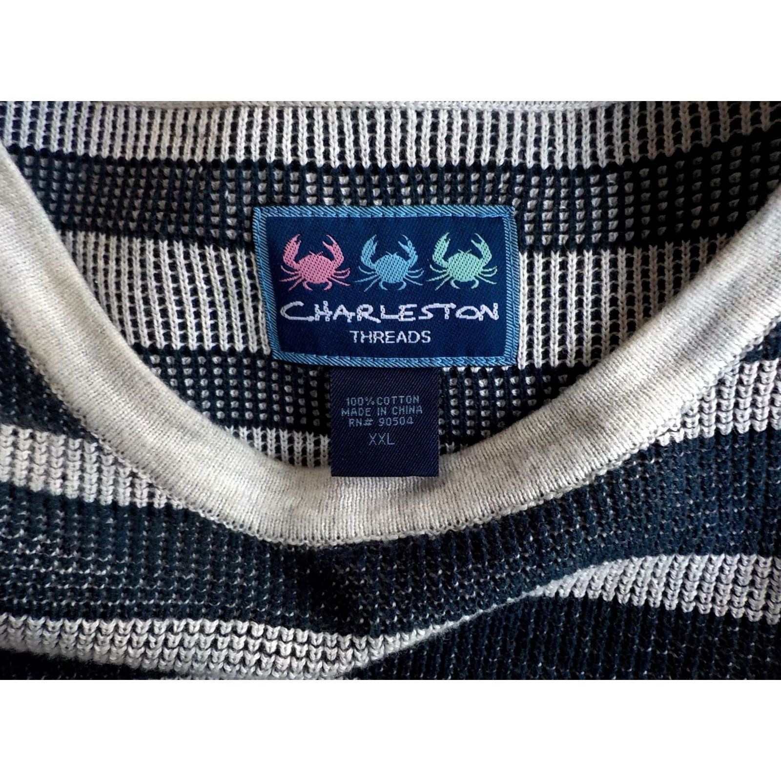 Vintage CHARLESTON THREADS Striped Crewneck Pullover Sweater Navy Gray 100% Cotton XXL Men Crew Neck Pullover Knit Wool? Size US XXL / EU 58 / 5 - 4 Thumbnail