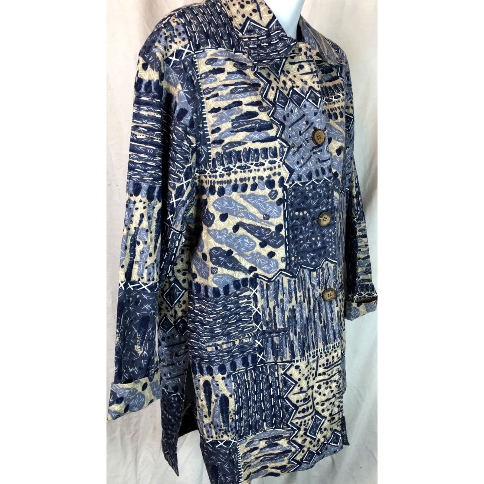 Vintage Rafaella Linen Blouse 8 Blue/beige Longline Long Sleeves Abstract Artsy Boho Size M / US 6-8 / IT 42-44 - 3 Thumbnail