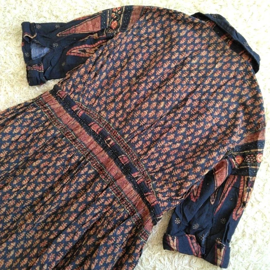 Kapital KAPITAL Cotton Dress Short Sleeve XS Navy×Orange Native Pattern Ladies Size 26" / US 2 / IT 38 - 6 Thumbnail