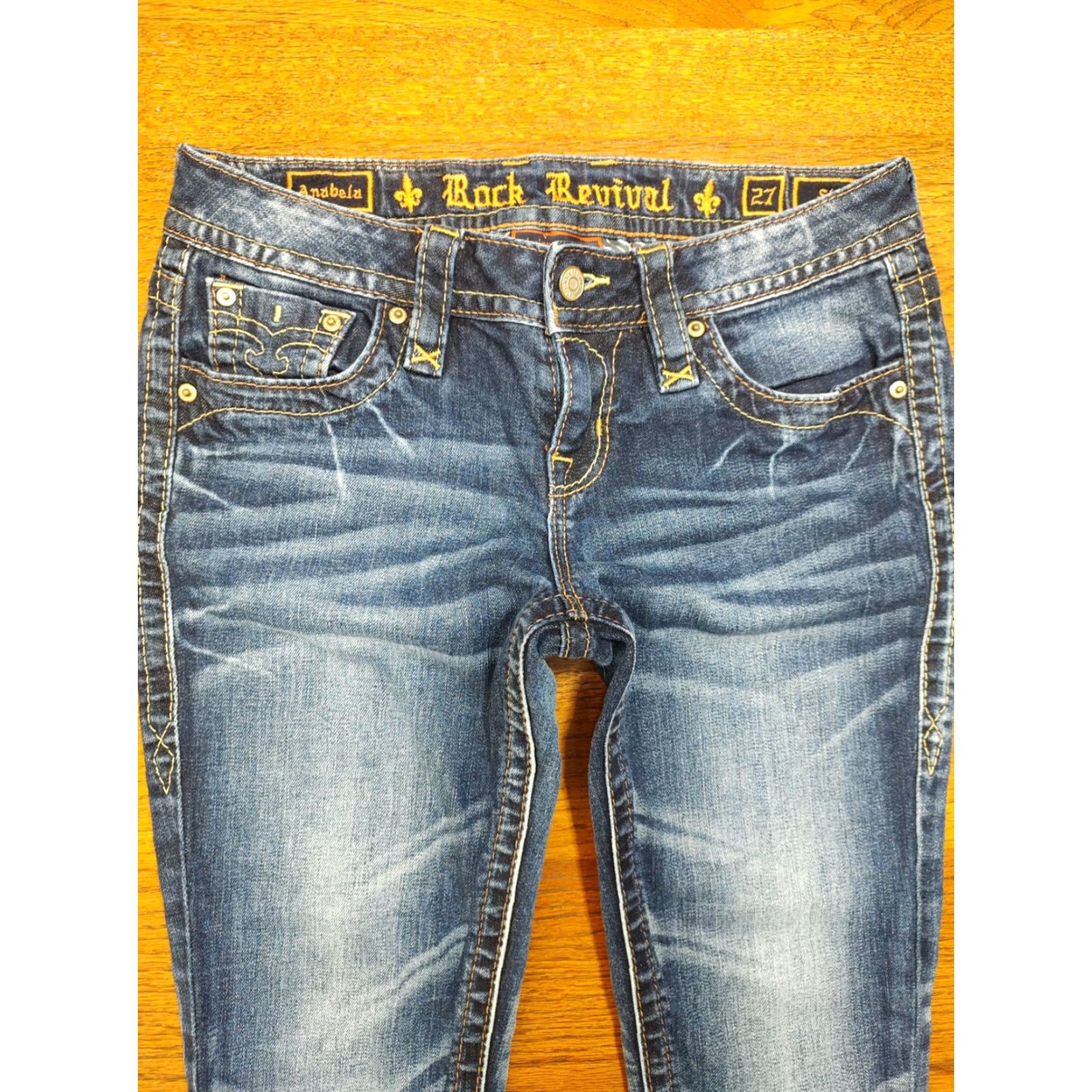 Rock Revival Jeans Womens Skinny 27 Inseam 29 Denim Blue 5-Pocket Zip Low Rise Cowboy Logo 90s