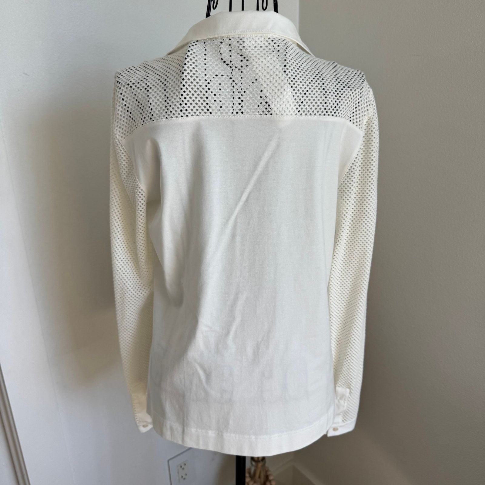 Akris Akris Punto White V-Neck Mesh Sleeve Button-Up Blouse Size L / US 10 / IT 46 - 3 Thumbnail