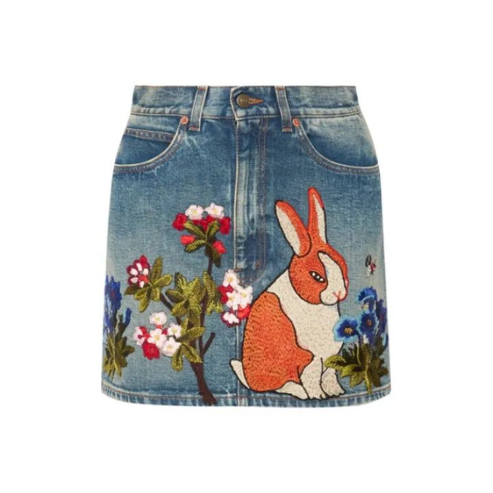 Gucci Floral Rabbit Embroidered Denim Skirt