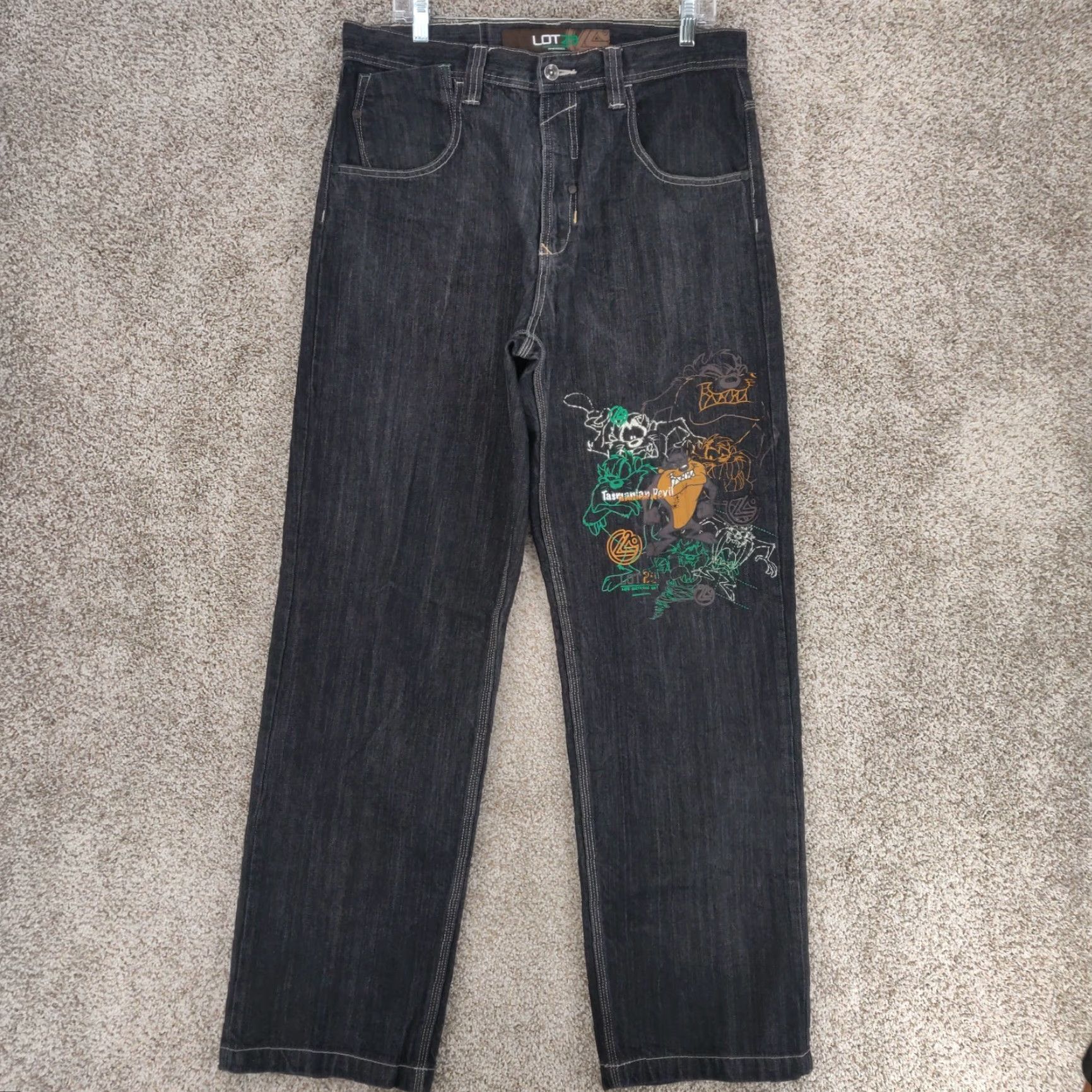 VINTAGE Lot 29 Tasmanian Devil Baggy Jeans Mens 34x33 Black Hip Hop Grunge Y2K