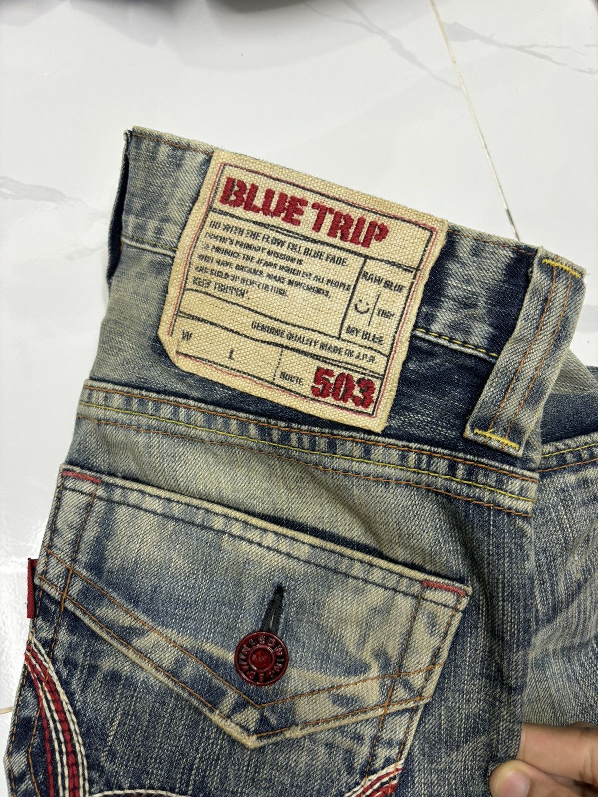 Le Grande Bleu (L.G.B.) 🔥EDWIN 503 BLUE TRIP FLARE RUSTY GRUNGE DENIM JEANS Size 31" - 10 Thumbnail